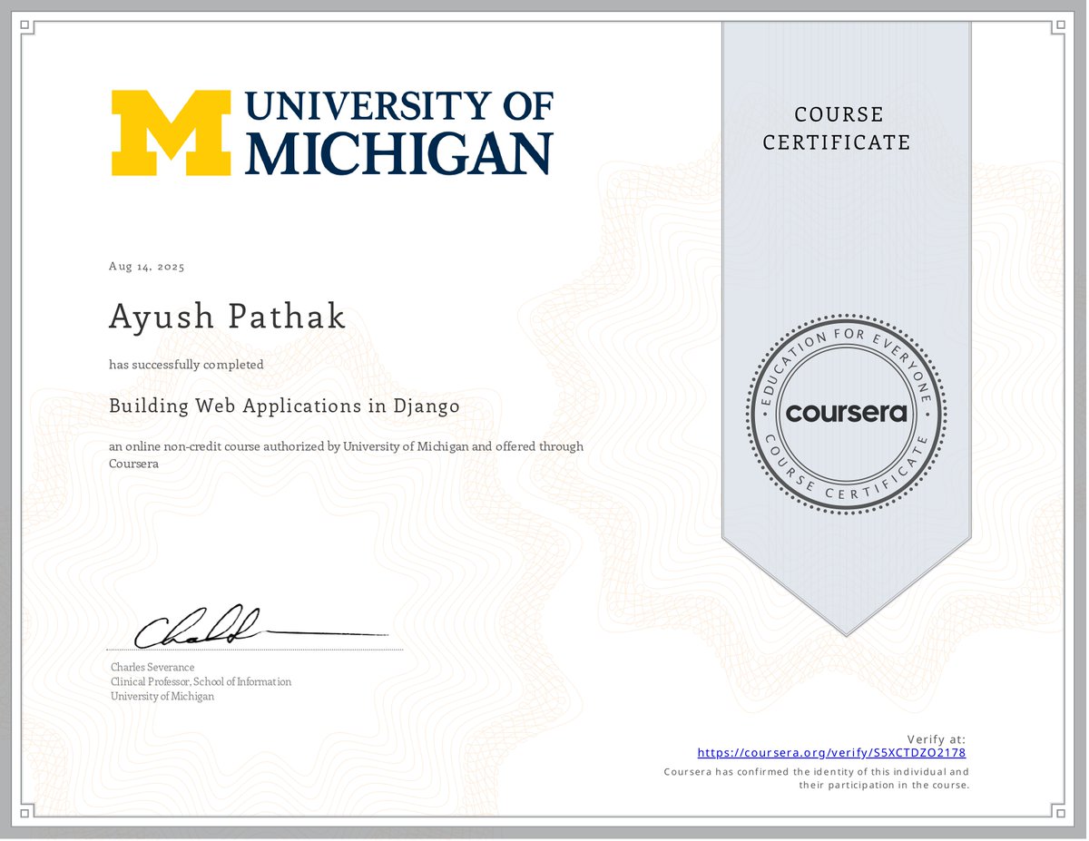 Just wrapped up the "Building Web Applications in Django" certification from the University of Michigan!

Key takeaways:
• Django ORM
• Database modeling (one-to-many &amp; many-to-many)
• SQL basics
• Django shell

#Django #WebDev #Python #Backend #UniversityOfMichigan