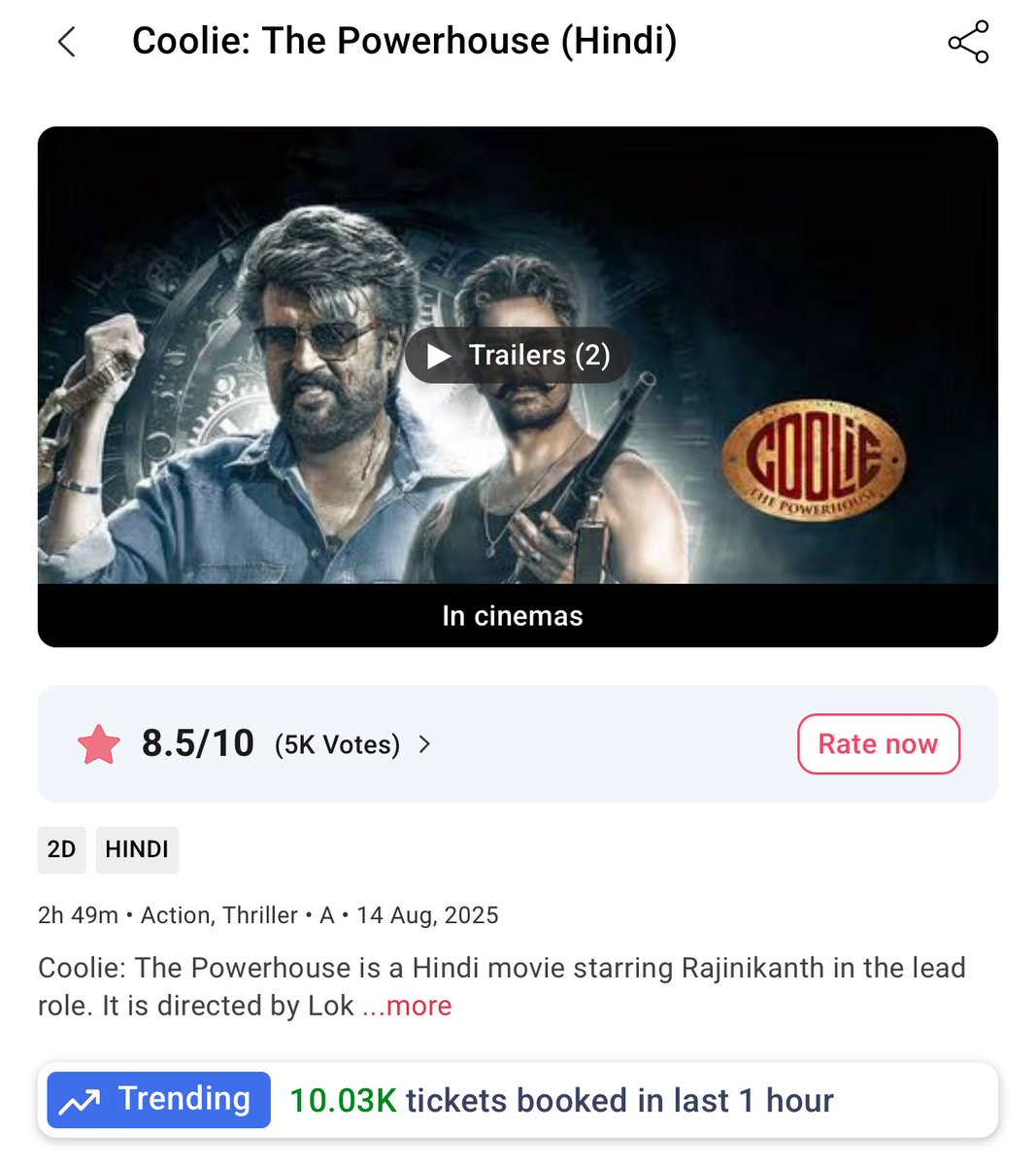 CineHub (@its_cinehub) on Twitter photo #CoolieThePowerHouse is showing 100% GROWTH TODAY IN HINDI💥💥💥
SENSATIONAL - BLOCKBUSTER GROWTH! <a href="/rajinikanth/">Rajinikanth</a> #CoolieThePowerHouse is showing 100% GROWTH TODAY IN HINDI💥💥💥
SENSATIONAL - BLOCKBUSTER GROWTH! <a href="/rajinikanth/">Rajinikanth</a>