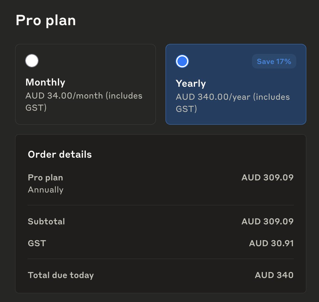 jmadan's tweet photo. hey @claudeai why your subscription costs jumps from one page to another? AUD26 !=AUD30.91 🤔 https://t.co/lzUchfgZIb
