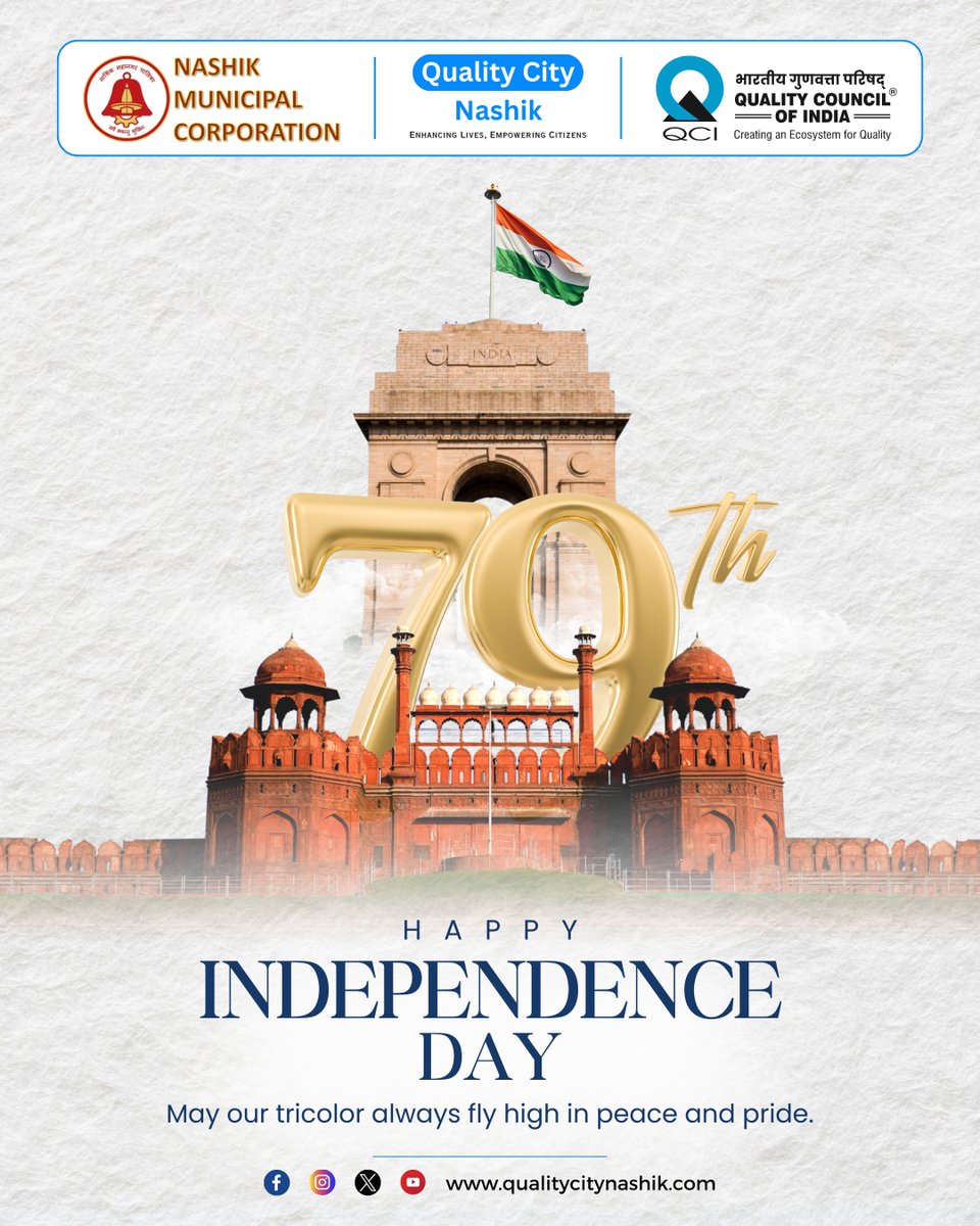 QCNashik's tweet photo. This #IndependenceDay, we celebrate a Nashik that honours its roots, nurtures its people &amp; uplifts its future. Proud of our heritage, committed to our future. #JaiHind! 🇮🇳

#QualityCityNashik #PeaceAndPride #HarGharTiranga #VandeMataram #Education #SkillDevelopment #Cleanliness https://t.co/ZCeEQ128NK
