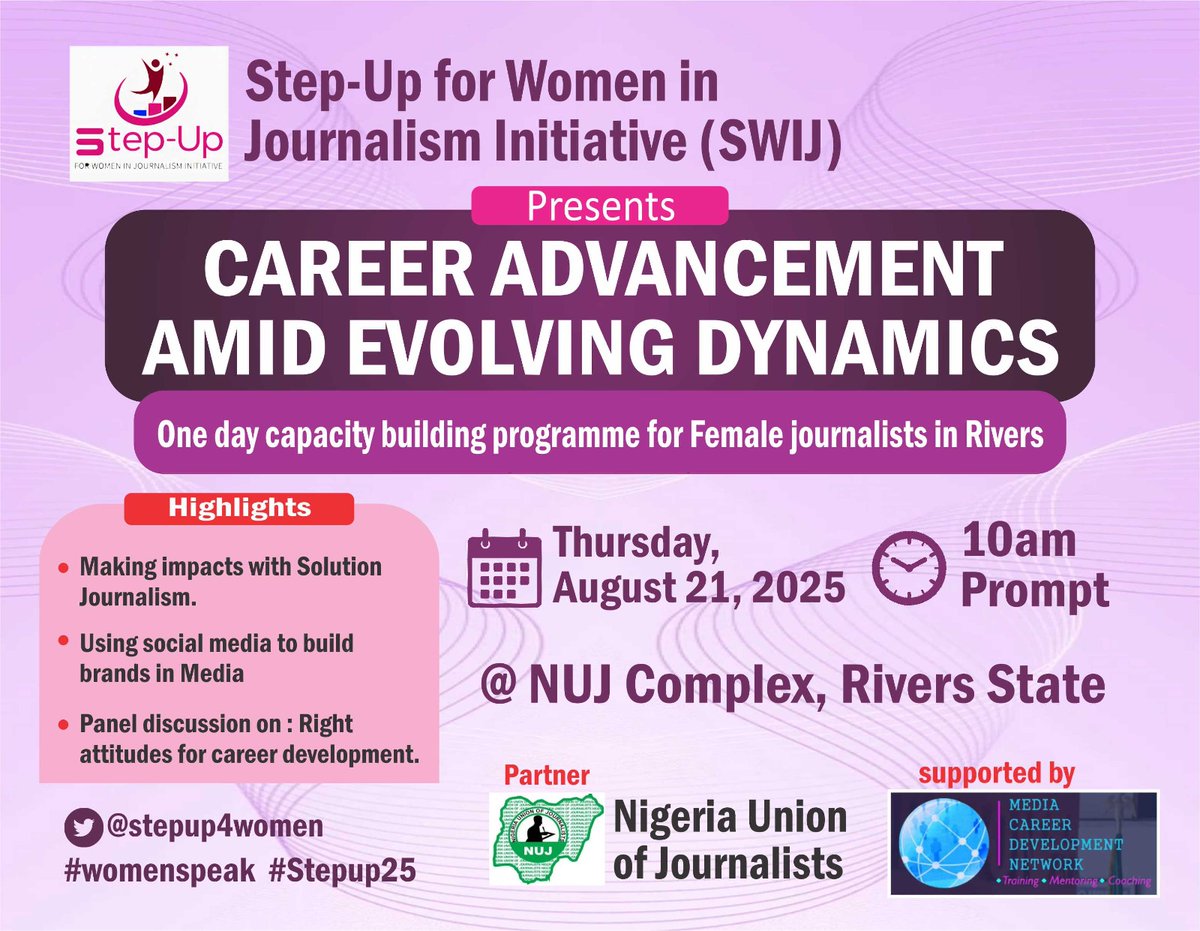 NgoziAnosike1's tweet photo. In today's evolving media landscape, stepping up is inevitable. Impact achievement very necessary.
#SWIJ
#StepUp4women
@MCDN
@DrNg https://t.co/xbwlfgNdZo