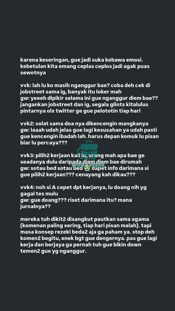 worksfess's tweet image. CW // Nganggur
gue tuh nganggur udah lama tp gue gapernah koar koar ngeluh samsek. mumet si, tapi yaudah gitu keep positive thinking dan fokus cari kerja aja. masalahnya belakangan ini sodara, tetangga dan temen udah mulai rese 🥲 work!