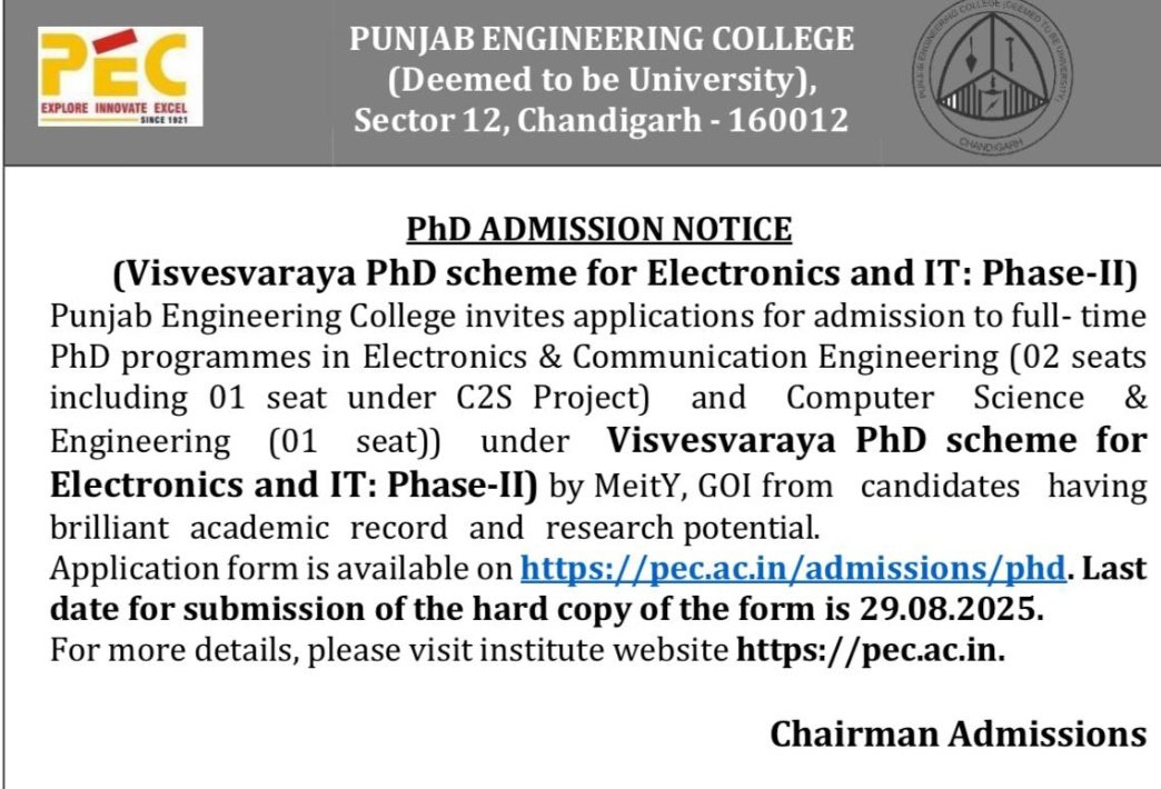 ArunSin72149556's tweet image. Apply for PhD under Visvesvaraya PhD Scheme (Phase-II) and work in C2S project with me @ Punjab Engineering College.
Research Group:sites.google.com/view/srcpec

Apply at:pec.ac.in/admissions/phd

Last Date to apply: 29.08.2025

#phd #fellowship #C2S #MeitY #Job #research