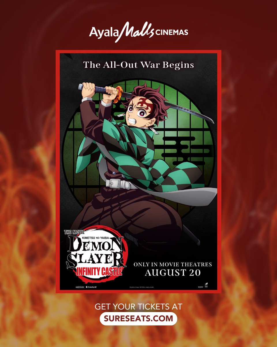 Tanjiro Kamado hits the big screen in Demon Slayer: Infinity Castle! ⚔🔥 

Witness his battle against Muzan Kibutsuji starting Aug 20 at Ayala Malls Cinemas—plus get a FREE poster when you watch from Aug 20–24! 

🎟 Book your tickets now 👉 sureseats.com
#DemonSlayer