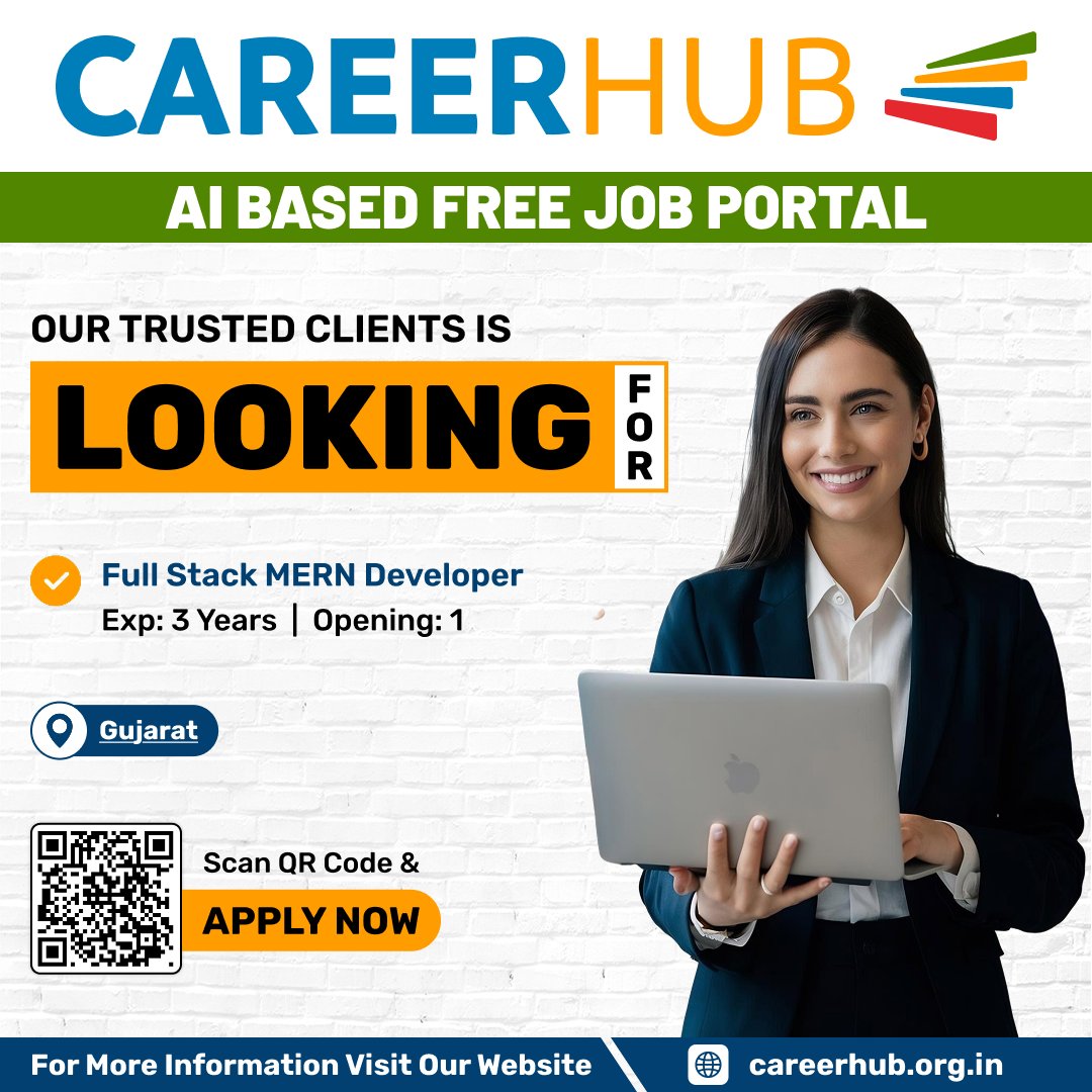careerhub_iespl's tweet image. Hiring: Full Stack MERN Developer
Location: Gujarat | 3 Years Exp | 1 Opening
Proficient in MongoDB, Express.js, React.js, Node.js, REST APIs
Apply: careerhub.org.in/job/full-stack…
Follow: @careerhub_iespl 
#MERNDeveloper #FullStackDeveloper #CareerHub #careerhubaibasedfreejobportal