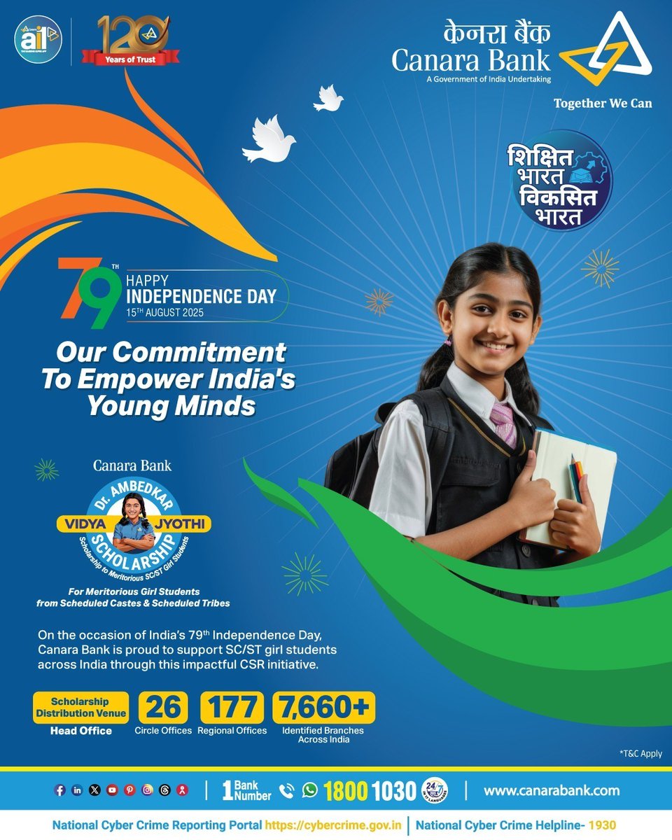 This Independence Day, we reaffirm our commitment to empowering India’s young minds. Through the Dr. Ambedkar Vidya Jyothi Scholarship, we support meritorious SC/ST girl students across the country—helping them shine brighter and achieve their dreams. Together, we celebrate