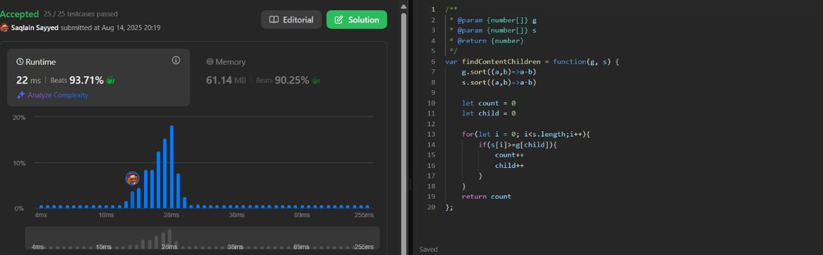 saql96061's tweet image. "Optimizing Resources With The Greedy Approach โ Assign Cookies Problem solved. On to the next Algorithmic Challenge ๐"
#LeetCode #DSA #GreedyAlgorithm #ProblemSolving #CodingChallenge #JavaScript #100DaysOfCode #CodeNewbie #Programming #TechTwitter #LearnToCode