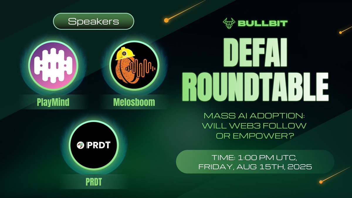 crypto_omaa's tweet photo. Happening today at 1:00 PM UTC – join Bullbit’s DeFAI Roundtable with @PlayMindFinance , @MelosBoom , and @PRDT_Finance for a deep dive into AI + Web3, win $50 USDT, and tune in here: https://t.co/cnLHeaB9XA… https://t.co/uR7OwnkMOg
