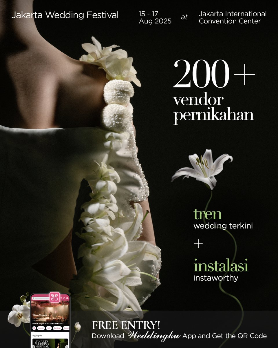 hariankompas's tweet photo. Wujudkan wedding impian di Flower Fantasy di Jakarta Wedding Festival 2025. Tersedia 200+ vendor &amp; 500 hadiah langsung (S&amp;K berlaku).
📍15–17 Agustus 2025 | JICC
🎟 Free Entry via Weddingku App
🔗 https://t.co/8CaBqVc5Y0
#JWF2025 #Weddingku #DyandraPromosindo #Adv https://t.co/DxmcTOJ5AP