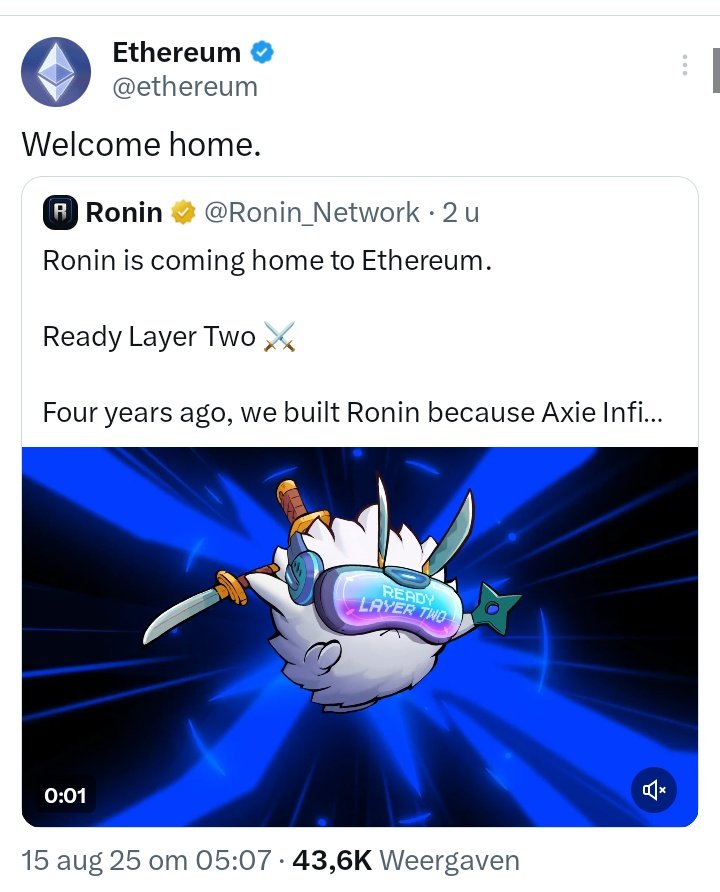 MasjoefelS's tweet photo. #Ethereum is welcoming @Ronin_Network home!
What a great move for both blockchains! First @zentry 2.0 and now we also have @Ronin_Network 2.0 coming our way!
This looks like the result of A LOT of work! Congratz #ronin_network and everyone behind this masterplan! 👇👇 https://t.co/qseD8yyxxX