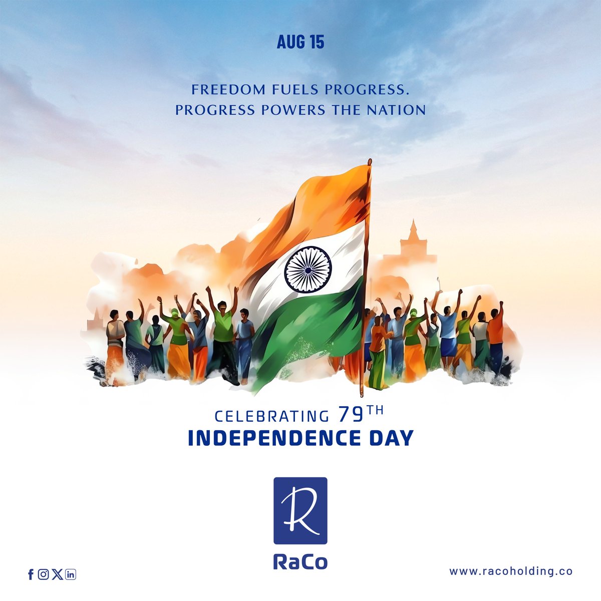 racoholding's tweet photo. Today, we salute the vision, courage, and unity that gave us freedom.  
From 1947 to 2025, our journey has been one of resilience, innovation, and progress.  
🇮🇳 Happy 79th Independence Day!   
#JaiHind #IndependenceDayIndia #ProudToBeIndian https://t.co/Anl75BugaM