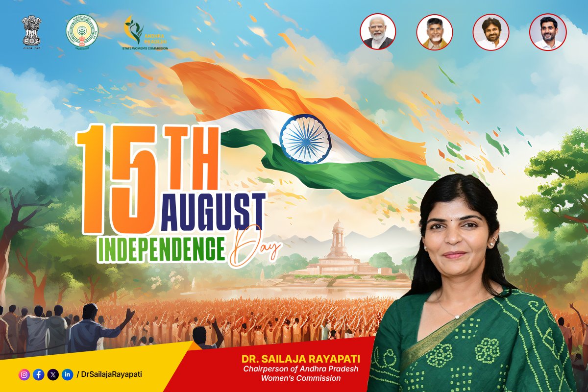 దేశ ప్రజలందరికీ 79వ స్వాతంత్ర్య దినోత్సవ శుభాకాంక్షలు. స్వాతంత్ర సాధనలో మహిళల ధైర్యం అజరామరం.నాడు దేశంలోని ప్రతి తల్లి, సోదరి, స్వాతంత్ర యోధురాలు. ప్రతి రూపంలోనూ ఆమె త్యాగమే శక్తి. మహిళా కమిషన్ తరఫున స్వాతంత్ర దినోత్సవ శుభాకాంక్షలు.
#IndependenceDay
#WomenOfFreedom #PrideOfNation