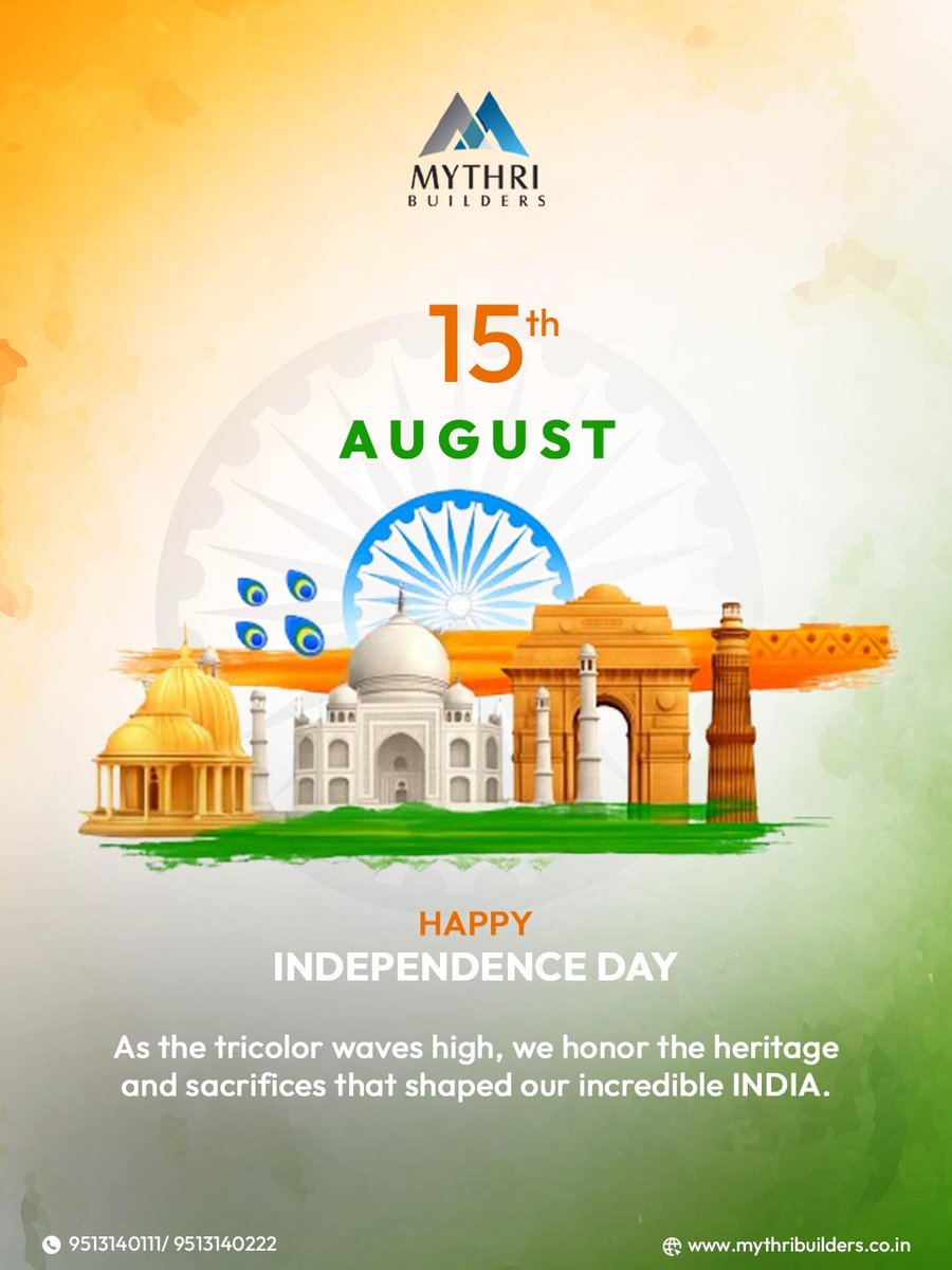 mythribuilder98's tweet photo. 🇮🇳 🏘 Happy 79th Independence Day 🏘 🇮🇳 
Strong foundations, A forever home.
We salute the courage that built our nation the dreams that build our homes 9513140111/222
Visit Our Web Site: https://t.co/A0jx8sCKzn
#MythriBuilders #IndependenceDay  #BuiltOnFreedom #PrideInEveryBrick https://t.co/MQ12cL0f9a