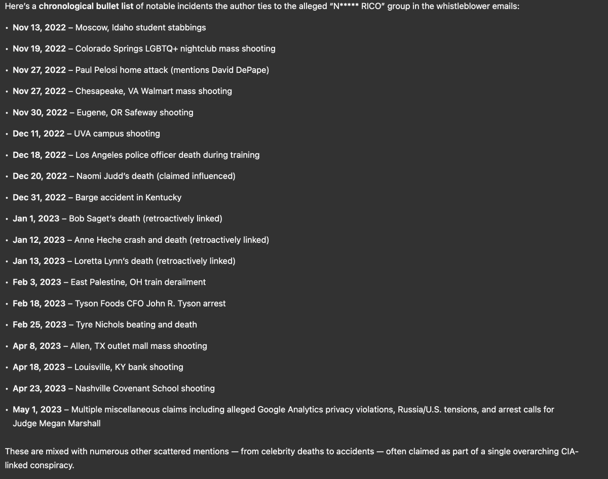 rise4thespiral's tweet photo. 🪡🧵
#Pullman doc thread (kind of).
Pt 3.
I don't actually possess the brain cells to read through the 104 page long whistle blower email chain. I made ChatGPT summarize it:
#PullmanWA #PullmanPD #WA #Washington #Idaho #Idaho4 #Kohberger #BryanKohberger #BOLO #Homicide #XanaKernodle #EthanChapin #MaddieMogen #KayleeGoncalves #1122KingRd #WSU #FBI #Moscow4