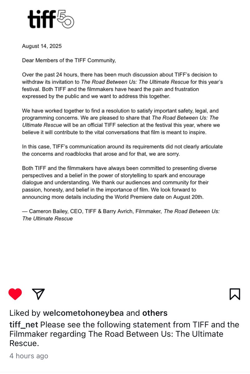 Thanks to <a href="/sunlorrie/">Lorrie Goldstein</a> and others, who made sure the world knew about the issue, <a href="/TIFF_NET/">TIFF</a> has seen the light (or been dragged into the light) and will show “The Road Between Us.”