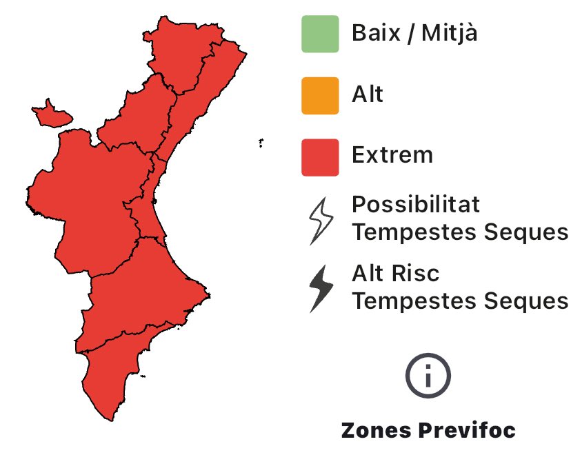🔥🔥🔥El nivell de preemergència per risc d'incendi forestal per a hui 15/08 és:

🔴EXTREM a tota la Comunitat Valenciana.

⚠️Recordem que amb risc extrem està prohibit realitzar qualsevol tipus de foc.

➡️És important que durant el cap de setmana si veus algun indici de fum o