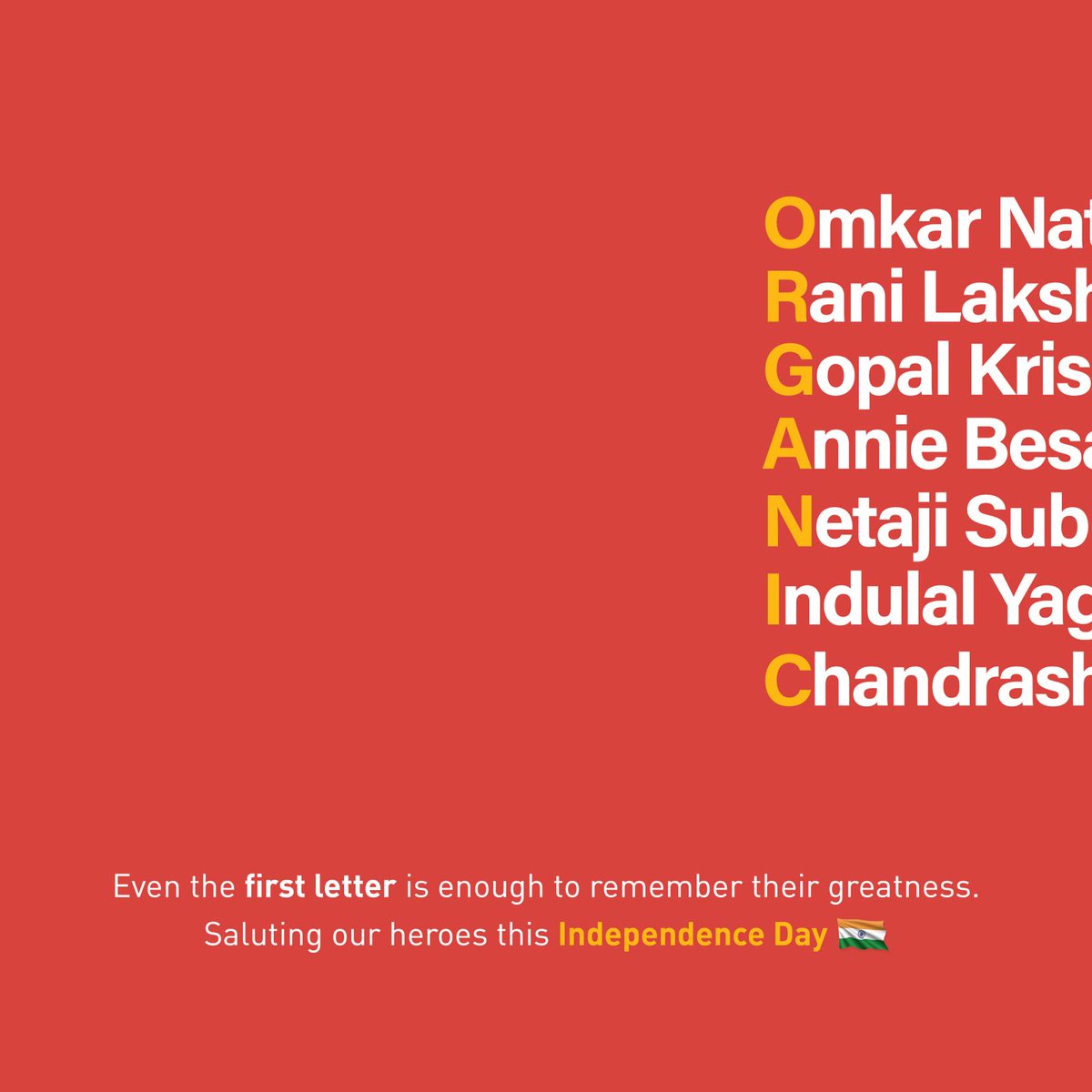 organicbps's tweet photo. Every first letter, a symbol of bravery.
From Omkar Nath to Chandrashekhar, our history is written in their courage.

This Independence Day, let’s carry their legacy forward with integrity and purpose. 🇮🇳

#OrganicBPS #IndependenceDay #SaluteToHeroes https://t.co/Gmm2CaGO5E
