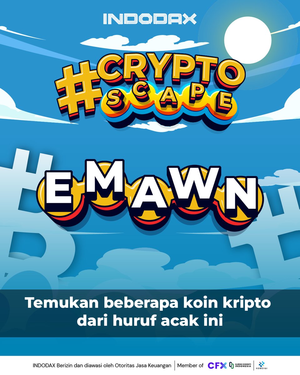 Yuk uji kejelian kamu di #CryptoScape dan menangkan total hadiah Rp7,2 juta dalam bentuk IDRX!

Tinggal tebak nama koin kripto yang ada di INDODAX dari huruf acak ini dan ikuti syarat ketentuan lainnya di slide 2 ya

Punya mata elang dan otak encer? Buktiin sekarang! 🔍💥