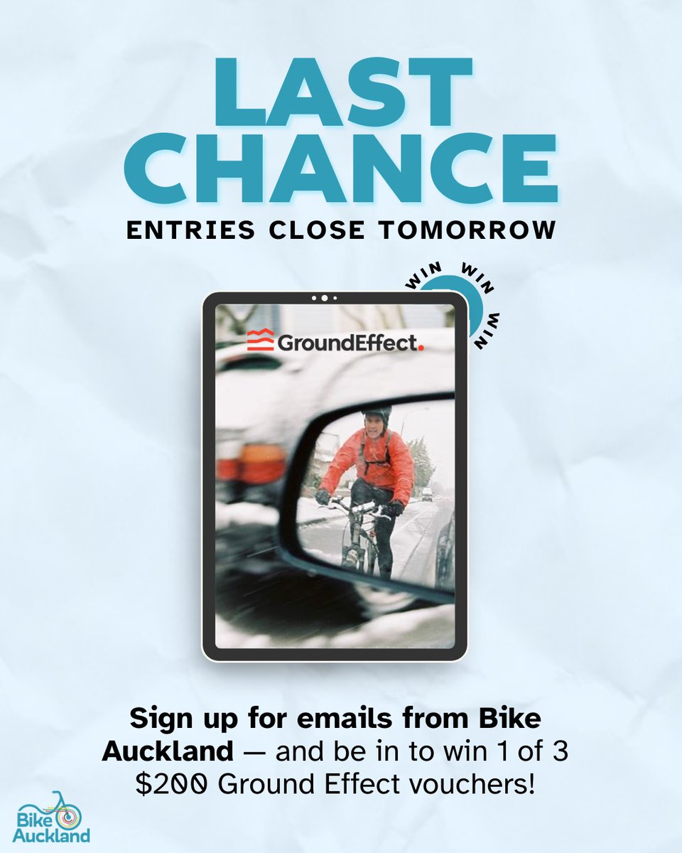 🚨 Last chance! 🚨

Entries close tomorrow to win 1 of 3 $200 Ground Effect vouchers — no-nonsense cycle clothing made right here in Aotearoa.

🗓 Don’t miss out — get in before entries close!

#BikeAuckland #GroundEffect #CyclingNZ #CycleStyle #Win #AucklandCycling