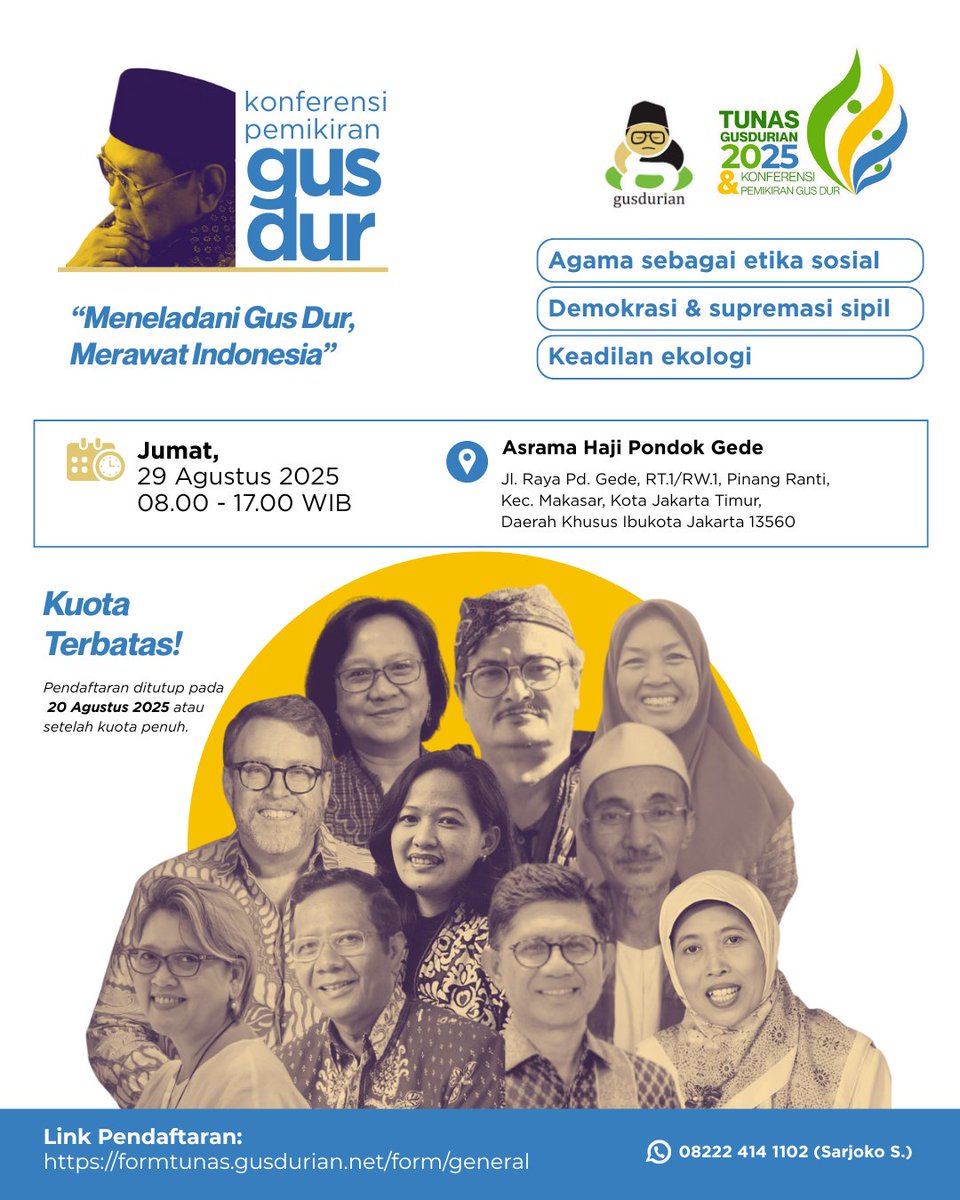 Di Temu Nasional Jaringan GSUDURian bakal ada Konferensi Pemikiran Gus Dur. Banyak banget tokoh-tokoh besar yang akan membahas pemikiran Gus Dur di acara ini.

Apa aja sih yang dibahas dalam Konferensi Pemikrian Gus Dur di Tunas Jaringan Gusdurian 2025 nanti? 

Fokus isu yang