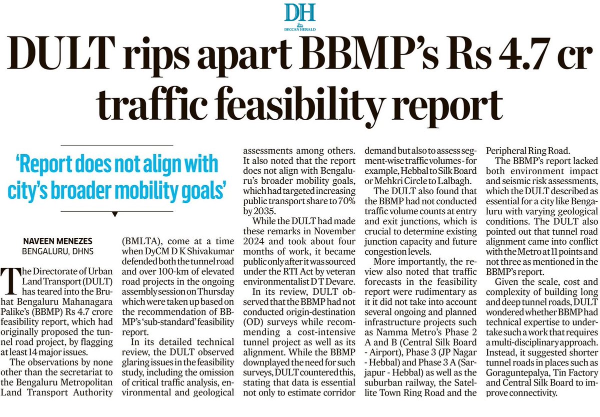 Naveen Menezes (@naveenmzs) on Twitter photo DULT tears into BBMP’s Rs 4.7 cr feasibility report, which had proposed tunnel road, elevated corridors for Bengaluru
Says the BBMP report skipped key surveys, ignored mobility goals, clashed with Metro plans, and did not conduct environmental & risk checks.
<a href="/DTDevareSubhash/">D T Devare (Subhash)</a> DULT tears into BBMP’s Rs 4.7 cr feasibility report, which had proposed tunnel road, elevated corridors for Bengaluru
Says the BBMP report skipped key surveys, ignored mobility goals, clashed with Metro plans, and did not conduct environmental & risk checks.
<a href="/DTDevareSubhash/">D T Devare (Subhash)</a>