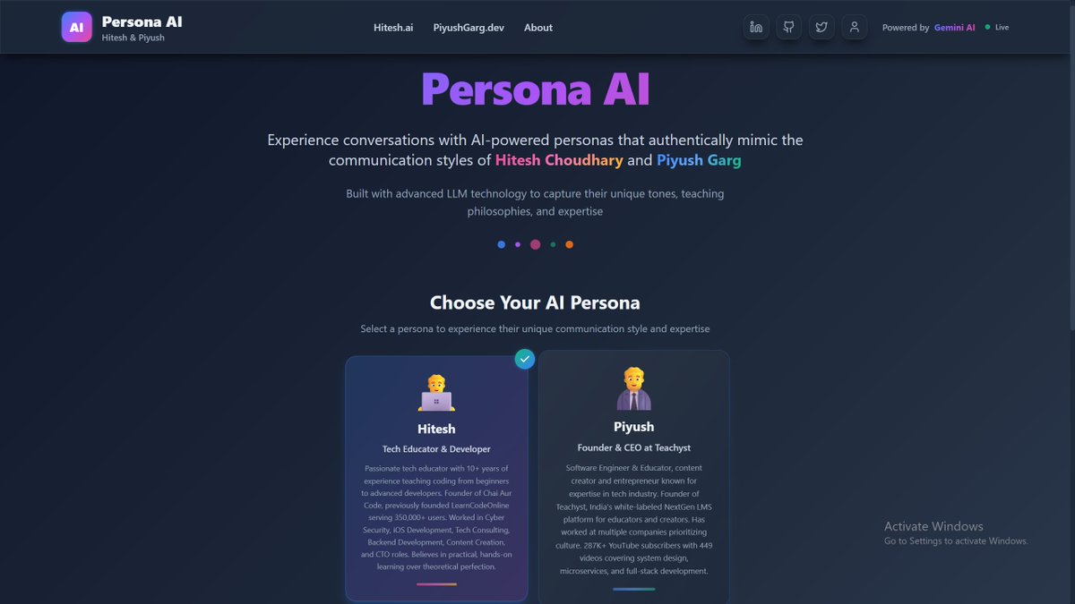 RajaBijoriya's tweet image. Created fun AI personas of Hitesh Choudhary sir & Piyush Garg sir in our Gen AI JS cohort 🤖🔥 live at persona-ai-1.vercel.app engineering 🚀 #GenAI #JavaScript #chaiorcode #HiteshChoudhary #PiyushGarg #PromptEngineering @Hiteshdotcom @piyushgarg_dev