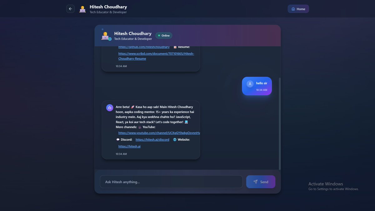 RajaBijoriya's tweet image. Created fun AI personas of Hitesh Choudhary sir & Piyush Garg sir in our Gen AI JS cohort 🤖🔥 live at persona-ai-1.vercel.app engineering 🚀 #GenAI #JavaScript #chaiorcode #HiteshChoudhary #PiyushGarg #PromptEngineering @Hiteshdotcom @piyushgarg_dev