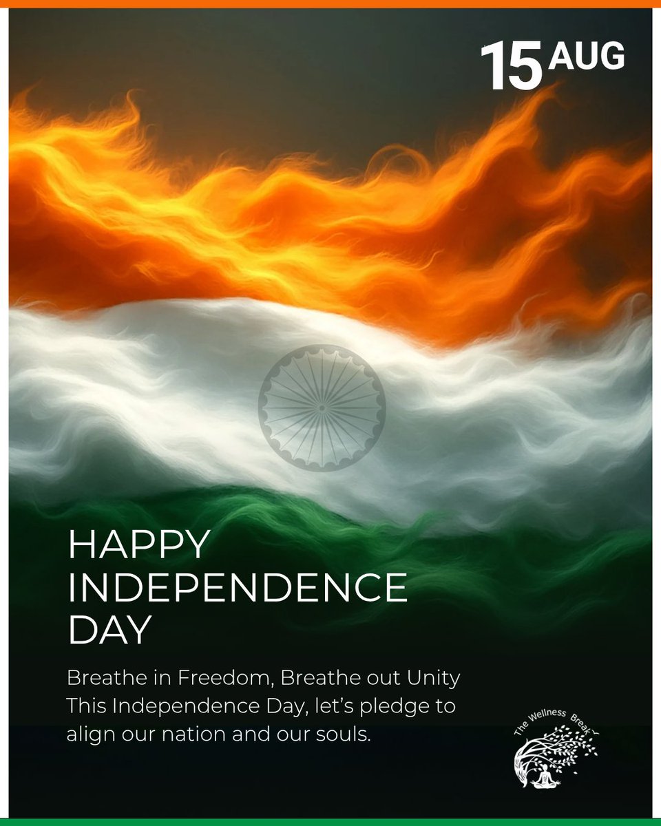 jaerajesh's tweet photo. This Independence Day, let’s honour freedom not just as a nation, but within ourselves. Breathe deeply, stand tall, stay grounded, like the tricolour in the wind. May our minds be calm, hearts open, and spirits fearless!

Jai Hind!!

#TheWellnessBreak #YogaWithEase #HarmonyWithin https://t.co/JuuzOAeJPU