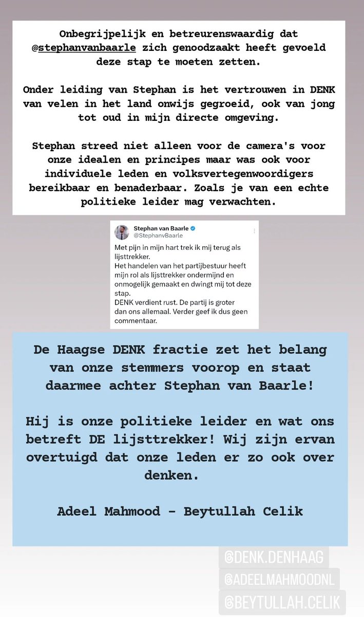 Adeel Mahmood (@adeelmahmood) on Twitter photo Onbegrijpelijk en betreurenswaardig dat <a href="/StephanvBaarle/">Stephan van Baarle</a> zich genoodzaakt heeft gevoeld deze stap te moeten zetten.
De Haagse fractie <a href="/DENKDenHaag/">DENK Den Haag</a> zet het belang van onze stemmers voorop en staat daarmee achter Stephan! Onbegrijpelijk en betreurenswaardig dat <a href="/StephanvBaarle/">Stephan van Baarle</a> zich genoodzaakt heeft gevoeld deze stap te moeten zetten.
De Haagse fractie <a href="/DENKDenHaag/">DENK Den Haag</a> zet het belang van onze stemmers voorop en staat daarmee achter Stephan!