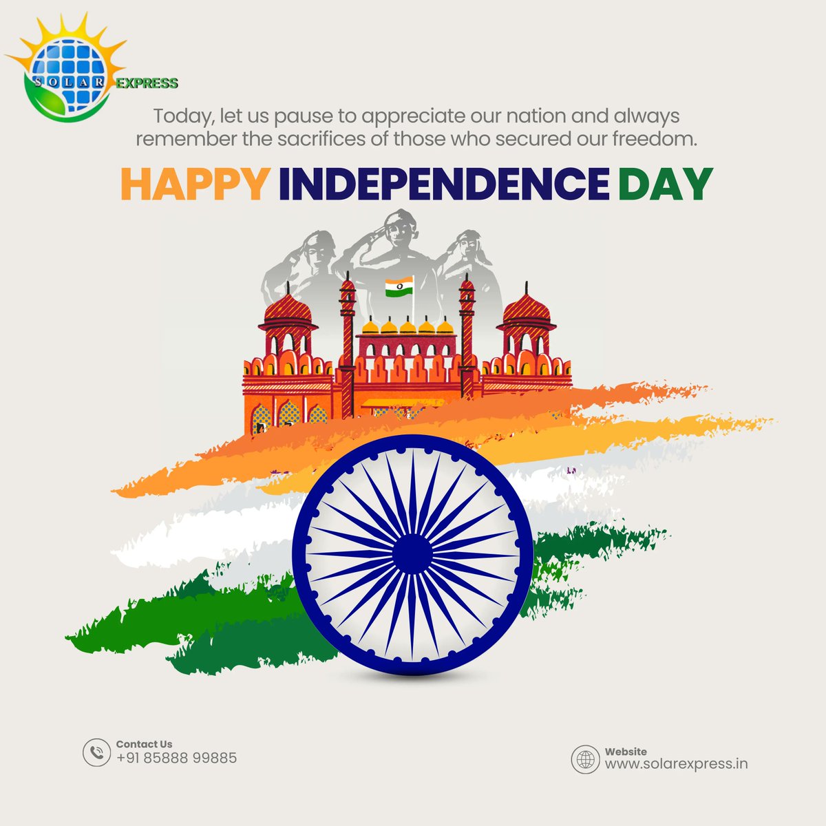 SolarExpressInd's tweet image. 🇮🇳 Happy Independence Day! 🇮🇳

This 15th August, let’s celebrate freedom — for our nation and for our energy future.

Power Your Freedom with Solar Energy.
– Solar Express Pvt. Ltd.

#IndependenceDay #SolarEnergy #SolarExpress #GreenFuture #FreedomWithSolar