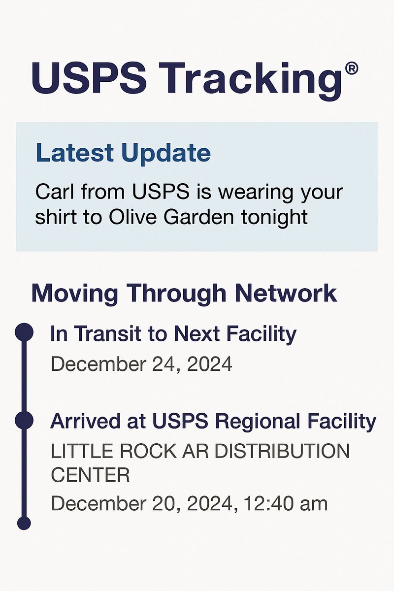 MartKnow's tweet photo. Somewhere in the USPS Twilight Zone…
Tracking #9400111105502919827828 left a facility on Dec 24, 2024 and apparently decided to take an 8-month sabbatical.
So, @USPSHelp, where’s my package? Oh I know.. https://t.co/UEqFWJHZ2I