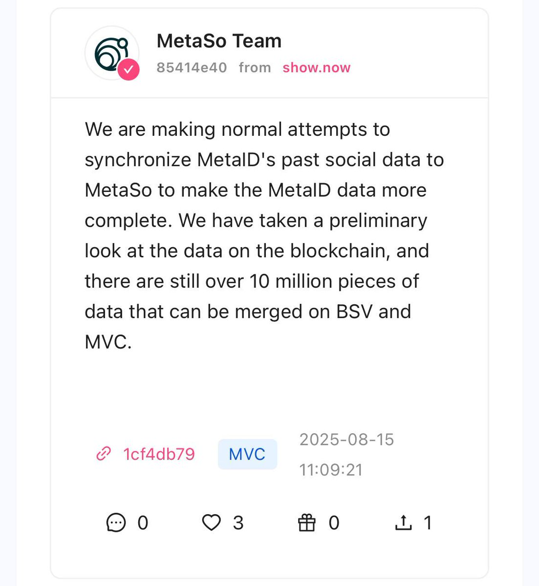 metasonetwork's tweet photo. MetaSo Team Update

We're syncing MetaID's past social data to MetaSo, with over 10M pieces of data on BSV &amp; MVC ready to merge for a richer Web3 experience.  
#MetaSo #MetaID #BSV #MVC https://t.co/aa9lbinjkM