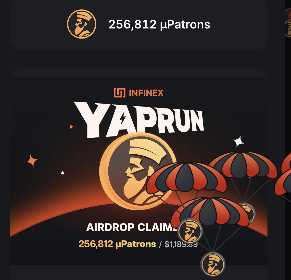 I came 104th on <a href="/infinex/">Infinex</a>'s Season One Yaprun leaderboard, and I just claimed my airdrop of 256,812 µPatrons. 

Appreciate it  <a href="/infinex/">Infinex</a>