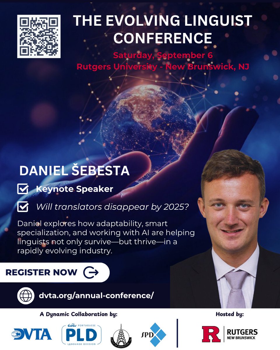 ATASpanishDiv's tweet photo. 🎤 Daniel Sebesta – Mindset &amp; Skills for the Late 2020s
🎤 Nathalie Greff-Santamaria – Facing Change in Language Services

✅ AOPC: 7 CEUs (2 Ethics)
✅ ATA: 5 CEPs
✅CCHI: Up to 5 CE hours
✅ IMIA/NBCMI: TBD

📅 Sept 6, 2025 | 📍 Rutgers–New Brunswick
🔗 https://t.co/VnYLLy0C0h https://t.co/HSS6eaK6ph