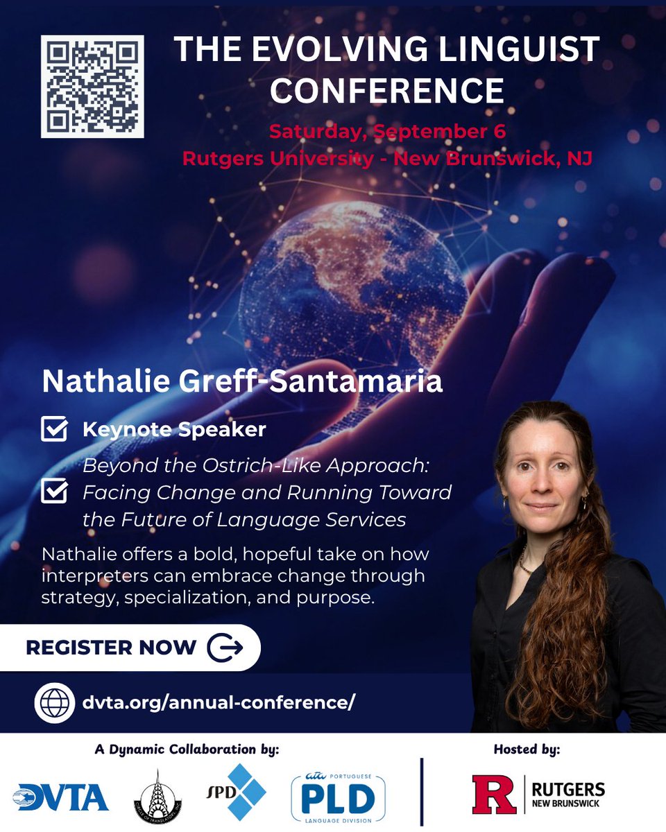 ATASpanishDiv's tweet photo. 🎤 Daniel Sebesta – Mindset &amp; Skills for the Late 2020s
🎤 Nathalie Greff-Santamaria – Facing Change in Language Services

✅ AOPC: 7 CEUs (2 Ethics)
✅ ATA: 5 CEPs
✅CCHI: Up to 5 CE hours
✅ IMIA/NBCMI: TBD

📅 Sept 6, 2025 | 📍 Rutgers–New Brunswick
🔗 https://t.co/VnYLLy0C0h https://t.co/HSS6eaK6ph