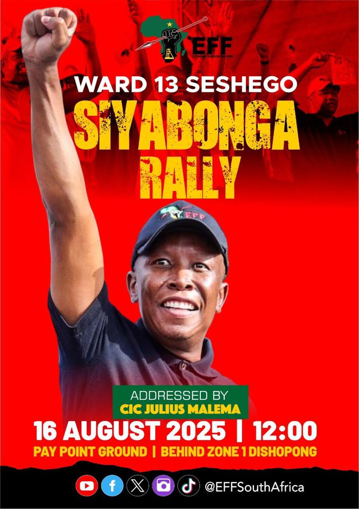 Economic Freedom Fighters (@effsouthafrica) on Twitter photo ♦️Happening Tomorrow♦️
The EFF President and Commander in Chief <a href="/Julius_S_Malema/">Julius Sello Malema</a> will address the Siyabonga Rally in Ward 13 Seshego tomorrow at 12H00.
The rally comes after the decisive electoral victory of the EFF in the Ward in the by-elections which were held on the 16th of ♦️Happening Tomorrow♦️
The EFF President and Commander in Chief <a href="/Julius_S_Malema/">Julius Sello Malema</a> will address the Siyabonga Rally in Ward 13 Seshego tomorrow at 12H00.
The rally comes after the decisive electoral victory of the EFF in the Ward in the by-elections which were held on the 16th of