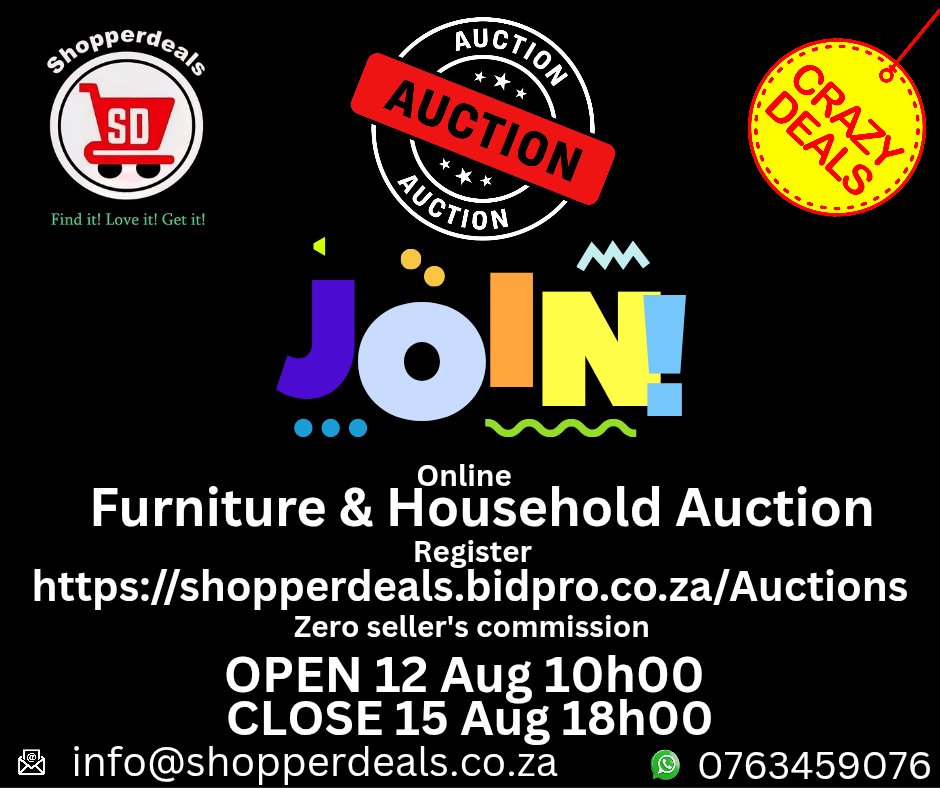 HugoWBF's tweet image. Online Auction - Just 11 hours left, ends today at 18h00 👇👇👇Register👇👇👇
shopperdeals.bidpro.co.za/AuctionDetails…
Online Auction - New, Demo &amp;amp; Pre-owned items at Clearance Prices - Register on the link above 
Open 12 August 10h00 - Close 15 August 18h00
15% VAT on winning bids
076 345 9076