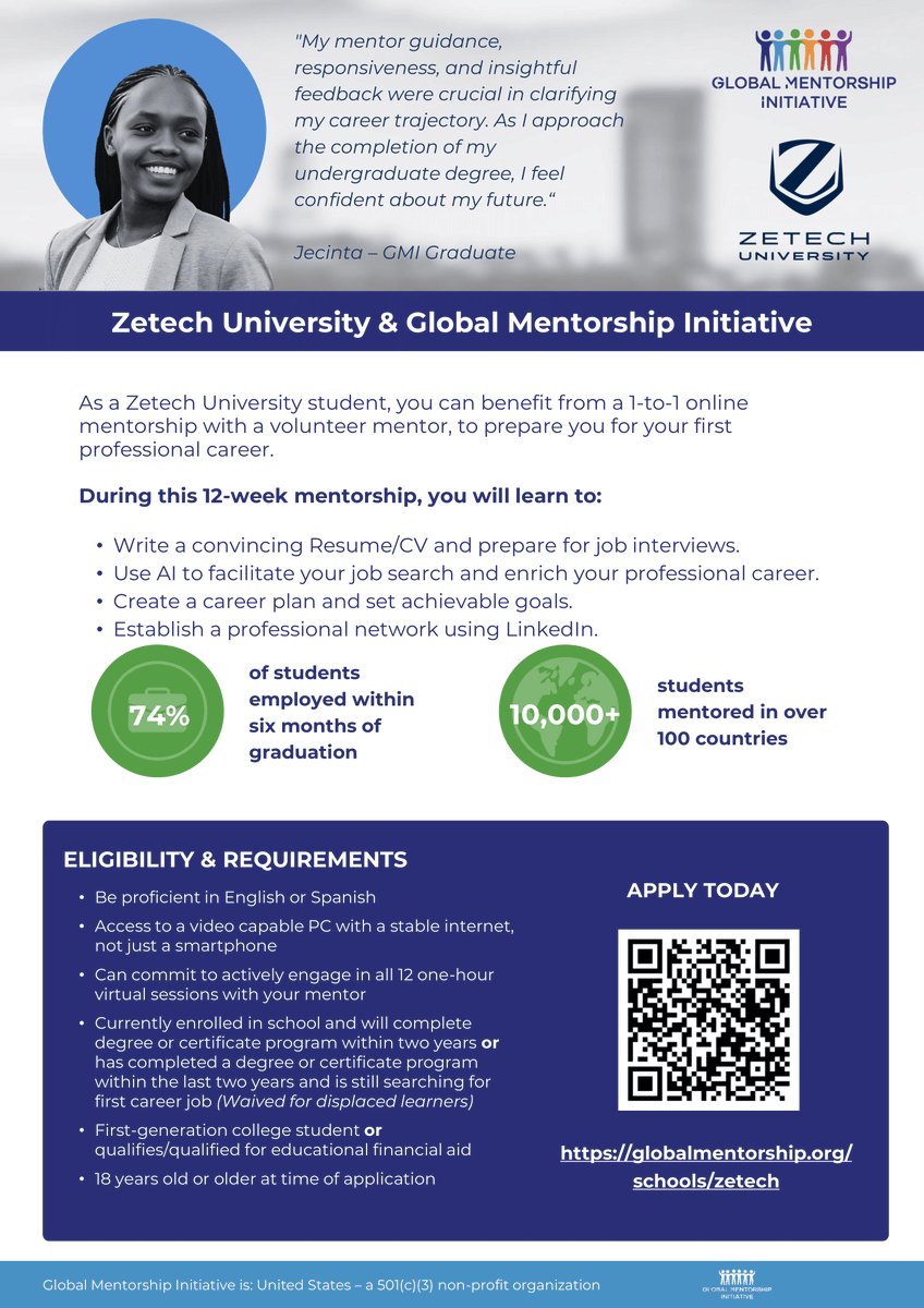 Zetech University Students, Your Global 🌍 Career Starts Here! We’re proud to partner with the 𝗚𝗹𝗼𝗯𝗮𝗹 𝗠𝗲𝗻𝘁𝗼𝗿𝘀𝗵𝗶𝗽 𝗜𝗻𝗶𝘁𝗶𝗮𝘁𝗶𝘃𝗲 <a href="/GMICommunity/">Global Mentorship Initiative</a> to offer a 𝗙𝗥𝗘𝗘 𝟭𝟮-𝘄𝗲𝗲𝗸 𝗼𝗻𝗲-𝗼𝗻-𝗼𝗻𝗲 𝗺𝗲𝗻𝘁𝗼𝗿𝘀𝗵𝗶𝗽 with seasoned professionals from around