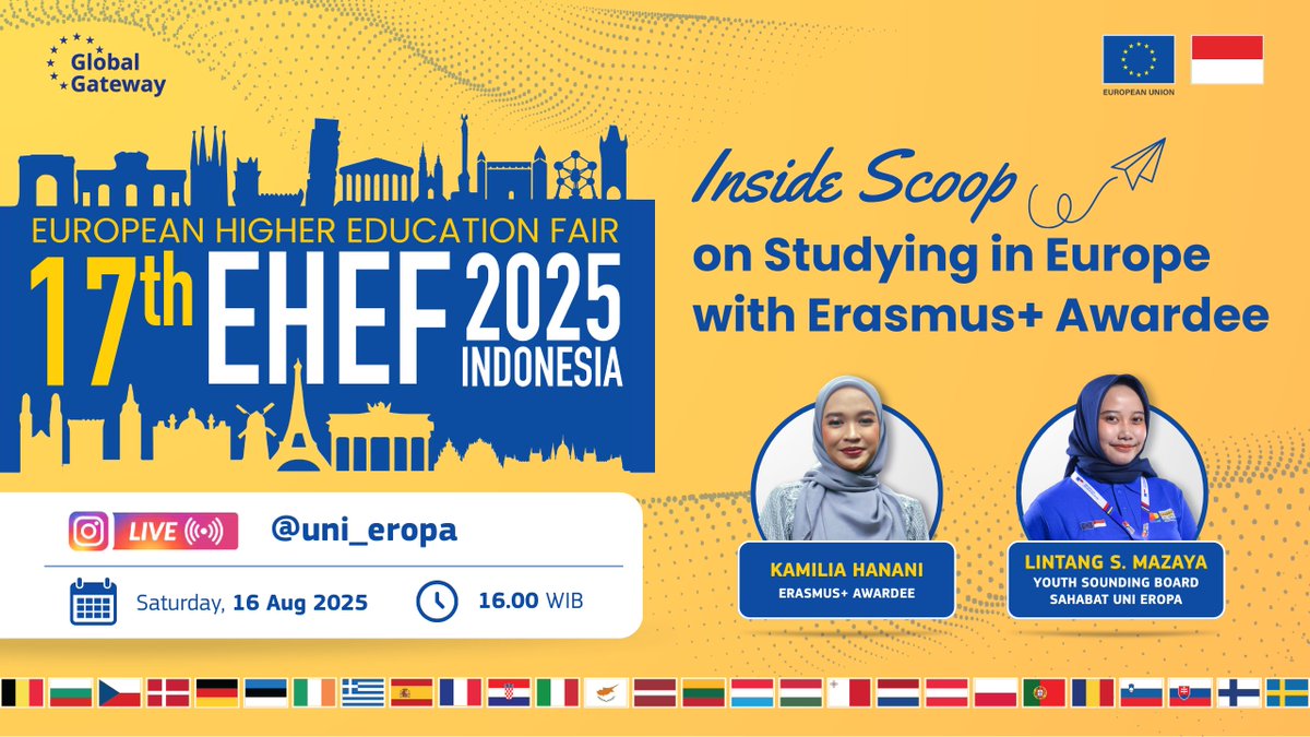 Enjoying the weekly EHEF webinars? 🎓 We’ve got more for you! Join "Inside Scoop: Study in Europe with an Erasmus+ Awardee" ✨ Real talk on life in Europe, from fairy-tale cities to world-class teaching 🌍💡 📅 16 Aug | 🕒 16.00 WIB | IG Live <a href="/uni_eropa/">EU in Indonesia</a>