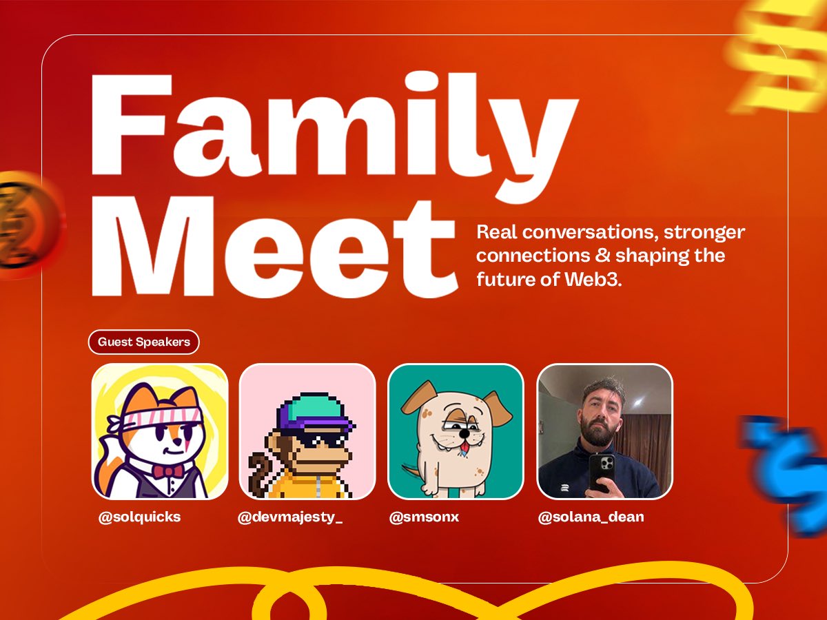 Davano (@davanooo) on Twitter photo GM mates, Family Meet is here!
Join us to educate and onboard friends into the <a href="/solana/">Solana</a> ecosystem. Real conversations, stronger bonds, shaping web3's future.
🎙 Guest Speakers:
<a href="/solquicks/">quicks | Solflare</a> | <a href="/devmajesty_/">ⅮEV MAJESTY</a> | <a href="/smsonx/">sms✨</a> | <a href="/solana_dean/">Dean</a>
Image credits: <a href="/Japserth/">Jasper</a> GM mates, Family Meet is here!
Join us to educate and onboard friends into the <a href="/solana/">Solana</a> ecosystem. Real conversations, stronger bonds, shaping web3's future.
🎙 Guest Speakers:
<a href="/solquicks/">quicks | Solflare</a> | <a href="/devmajesty_/">ⅮEV MAJESTY</a> | <a href="/smsonx/">sms✨</a> | <a href="/solana_dean/">Dean</a>
Image credits: <a href="/Japserth/">Jasper</a>