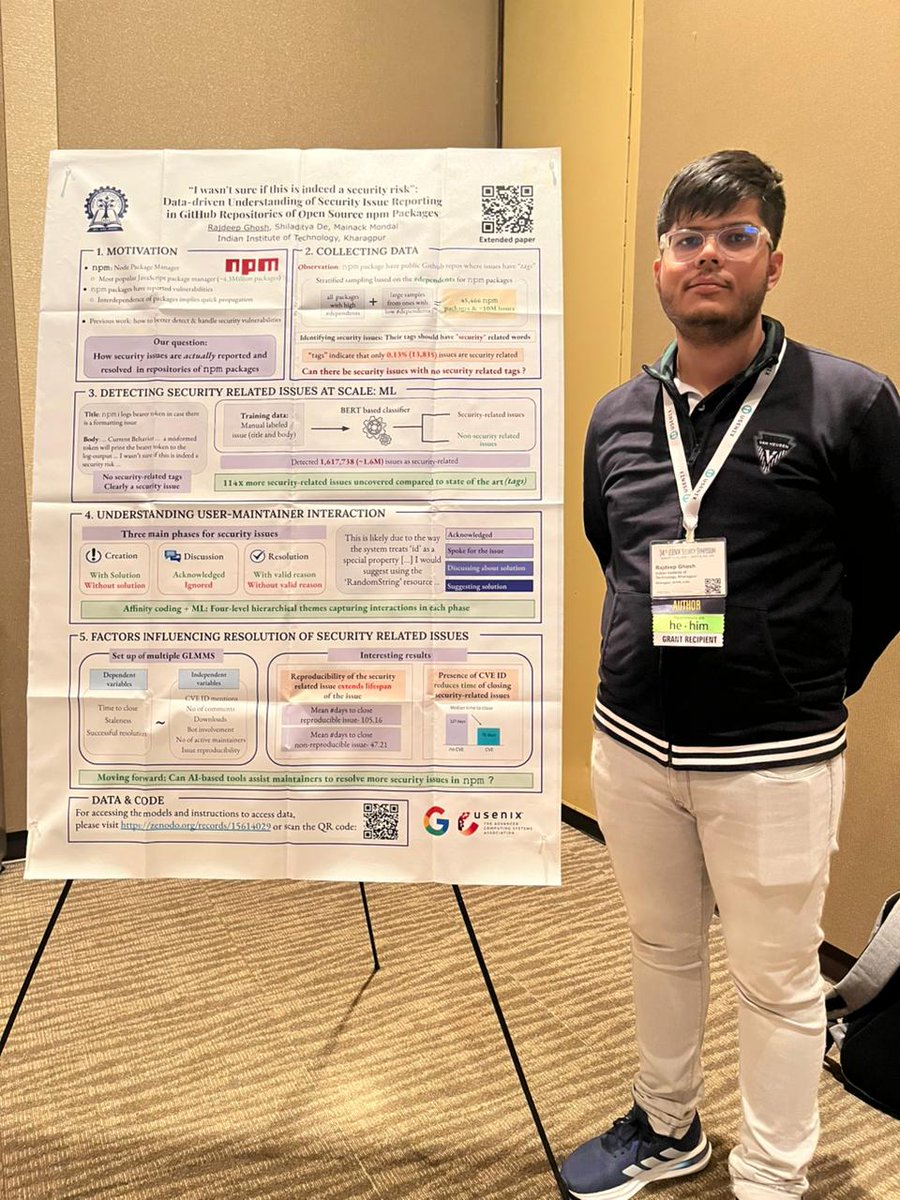 📢: Rajdeep Ghosh (<a href="/Rajdeep57931085/">Rajdeep Ghosh</a>), PhD student at <a href="/IITKgp/">IIT Kharagpur</a>  today presented our paper on understanding how npm developers handle security issues at <a href="/USENIXSecurity/">USENIX Security</a> today. 

code, data, models: zenodo.org/records/156140…

Paper: usenix.org/conference/use…

a thread:
