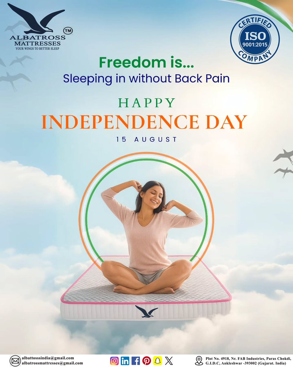 Albatrossindia7's tweet photo. Freedom is waking up without back pain. 🇮🇳✨

This #IndependenceDay, sleep better, live better — with Albatross Mattresses. 🛏️

Your Wings to Better Sleep.
#AlbatrossMattress #FreedomToSleep #BackPainRelief #BetterSleepBetterLife #MadeInIndia #HealthySleep #IndependenceDay2025 https://t.co/CUDgjIaURB