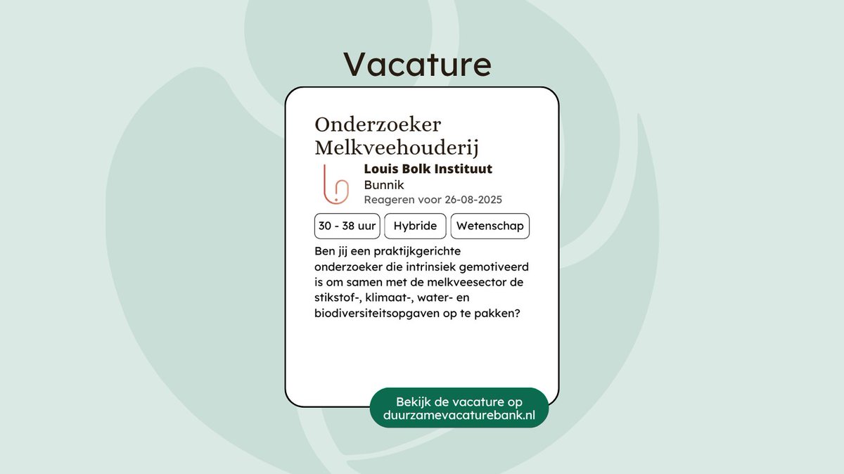 Heb je hart voor de praktijk en duurzaamheid, wil je met jouw veehouderij achtergrond, bodem-, plant-, systeem- en/of economische kennis bijdragen aan de oplossingen binnen de melkveehouderij? Dan is deze functie echt iets voor jou!

Meer weten? 👉 duurzamevacaturebank.nl/vacature/louis…