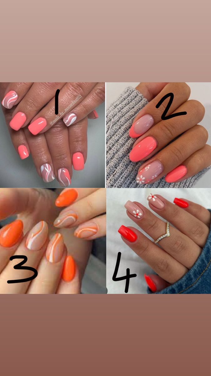Will ask my virtual friends 🤣 having my nails done later…. The colour will be coral/white to match my toes but help a gal out on design choice. 1-4, I already know which one I prefer, just like opinions 💅🏼