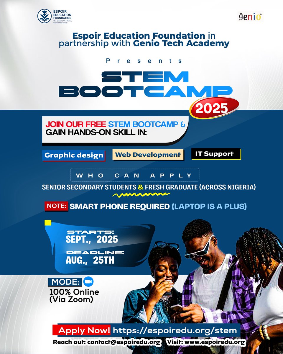 ojlajys's tweet photo. Digital skills training opportunity for Nigerian students. 
-Graphics Design
-Web Development
-IT Support

Apply now: https://t.co/PHpjj0LTts
Or
Visit: https://t.co/udsiaTi6Zb

#nigerianyouths #espoir #opportunities #STEMEducation #Training https://t.co/EpOCw5W4O6