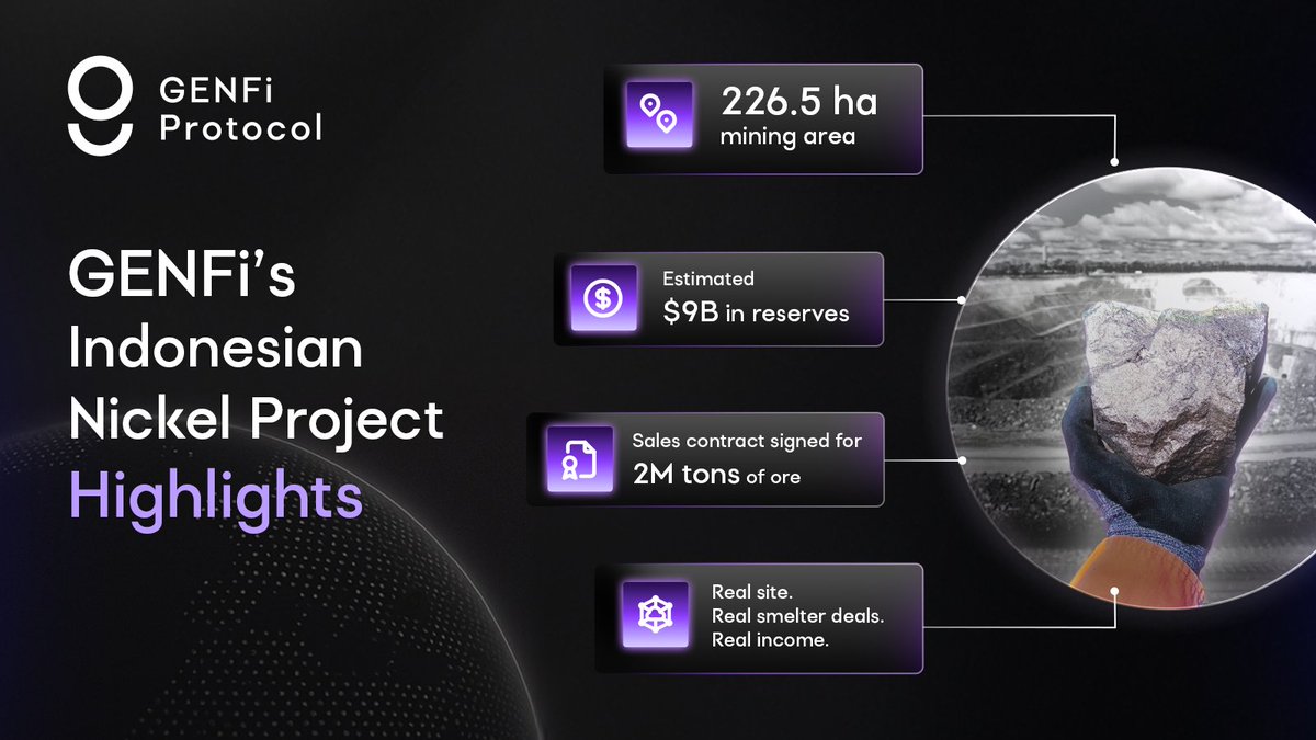 tubescommunity's tweet photo. 🏗 GENFI’s Indonesian Nickel Project Highlights
✔️ 226.5 ha mining area
✔️ Estimated $9B in reserves
✔️ Sales contract signed for 2M tons of ore
✔️ Real site. Real smelter deals. Real income.
#RWAProject #NickelRWA #Web3Assets https://t.co/lLSdeXS17V