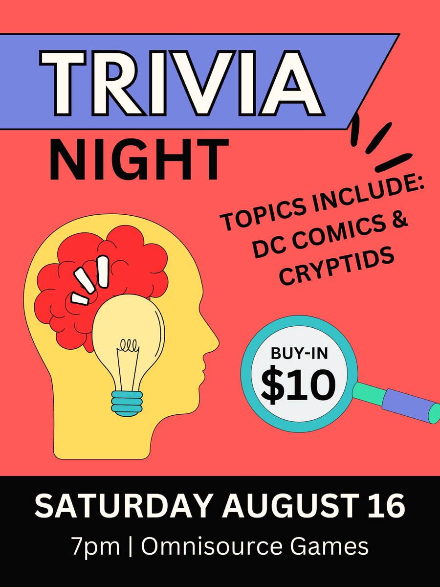 Saturday Night Trivia!
Start Time: 7:00pm
Entry: $10 per player
4 player max per Team
Winning Team gets half the prize pool!
Second place team pick a category for the next Trivia Night!