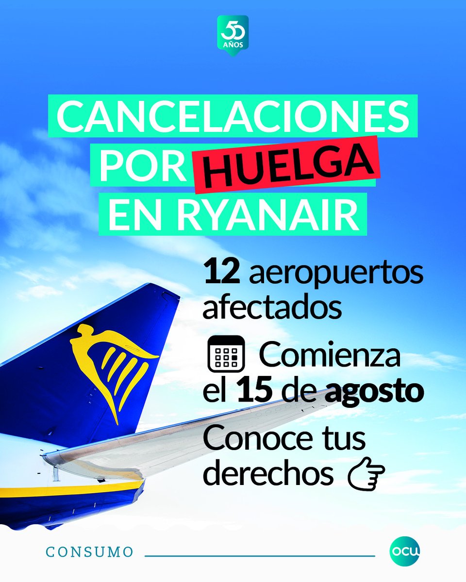 Huelga en #Ryanair, ¿qué hacer?
🛫12 aeropuertos afectados
ℹ️Reembolso del precio del billete, atención, compensación automática e indemnización adicional: conoce tus derechos  y ¡reclama!👇 
ocu.org/consumo-famili…