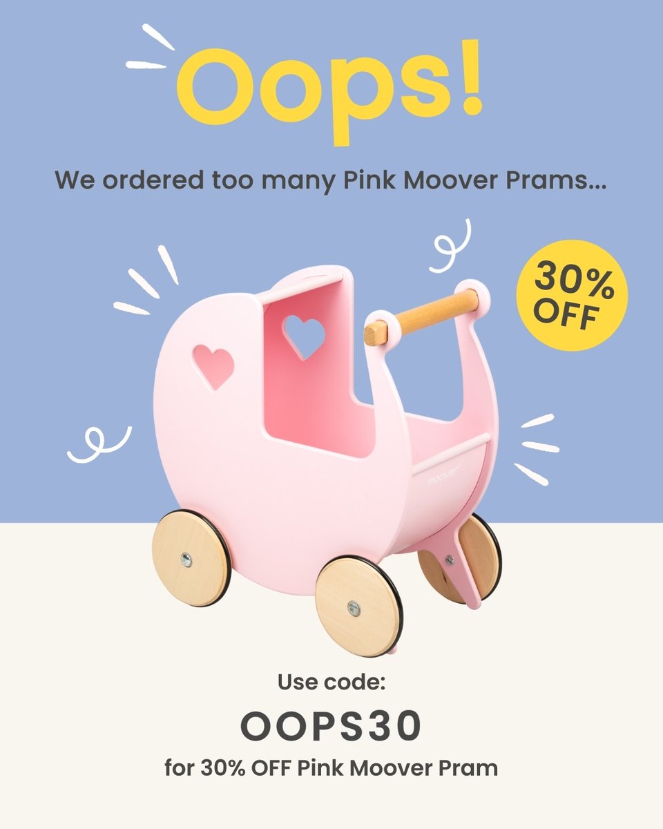 hippychick_com's tweet photo. We LOVE the Pink Moover Pram… so much so that we accidentally added an extra ‘0’ when ordering! 🩷

Our little mistake means a big win for you — for a limited time only, enjoy 30% OFF Pink Moover Prams. ✨️

#Hippychick #DollsPram #WoodenPram #WoodenToys #ClassicToys #Moover https://t.co/ESkMynfZFn