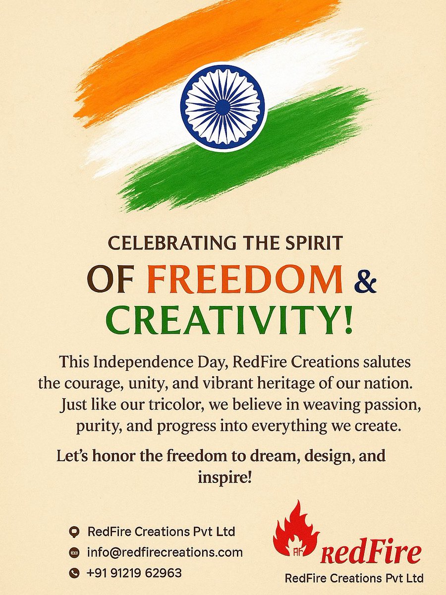 RedFireCreation's tweet image. 🇮🇳This Independence Day, RedFire salutes the courage, unity, and vibrant heritage of our nation.
Just like our tricolor, we believe in weaving passion, purity, and progress into everything we create.

#RedFireCreations #IndependenceDay #IndiaAt79 #FreedomToCreate #VocalForLocal